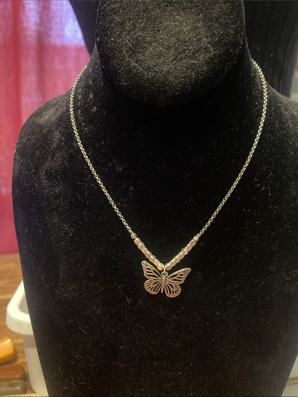 Silver Butterfly Pendant Necklace Fossil 17.5”